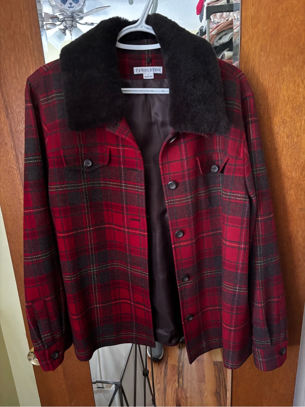 Pendleton Red and Black Plaid Wool Jacket with Dark Faux Fur Collar